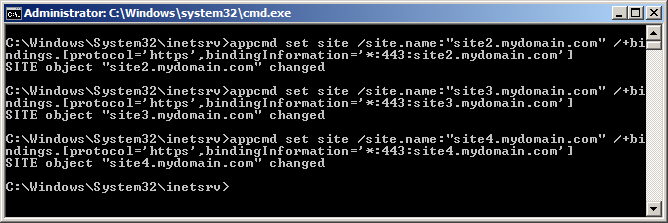 Run AppCmd to bind the other sites to port 443 using the same certificate