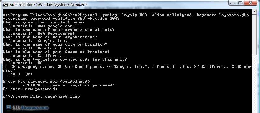 Java Keytool Self Signed Certificate command