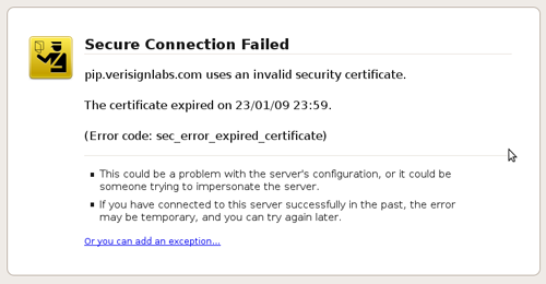 Expiration of VeriSign's pip.verisignlabs.com certificate